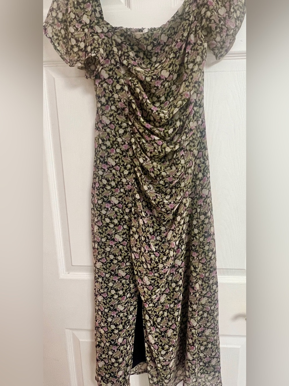 ASTER Floral Draped Women’s Dress in Olive and Pink Lavender